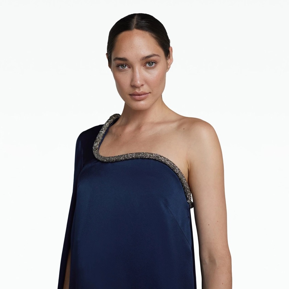 SAFIYAA Nouvella One-Shoulder Navy Dress with Embellished Trim Cape